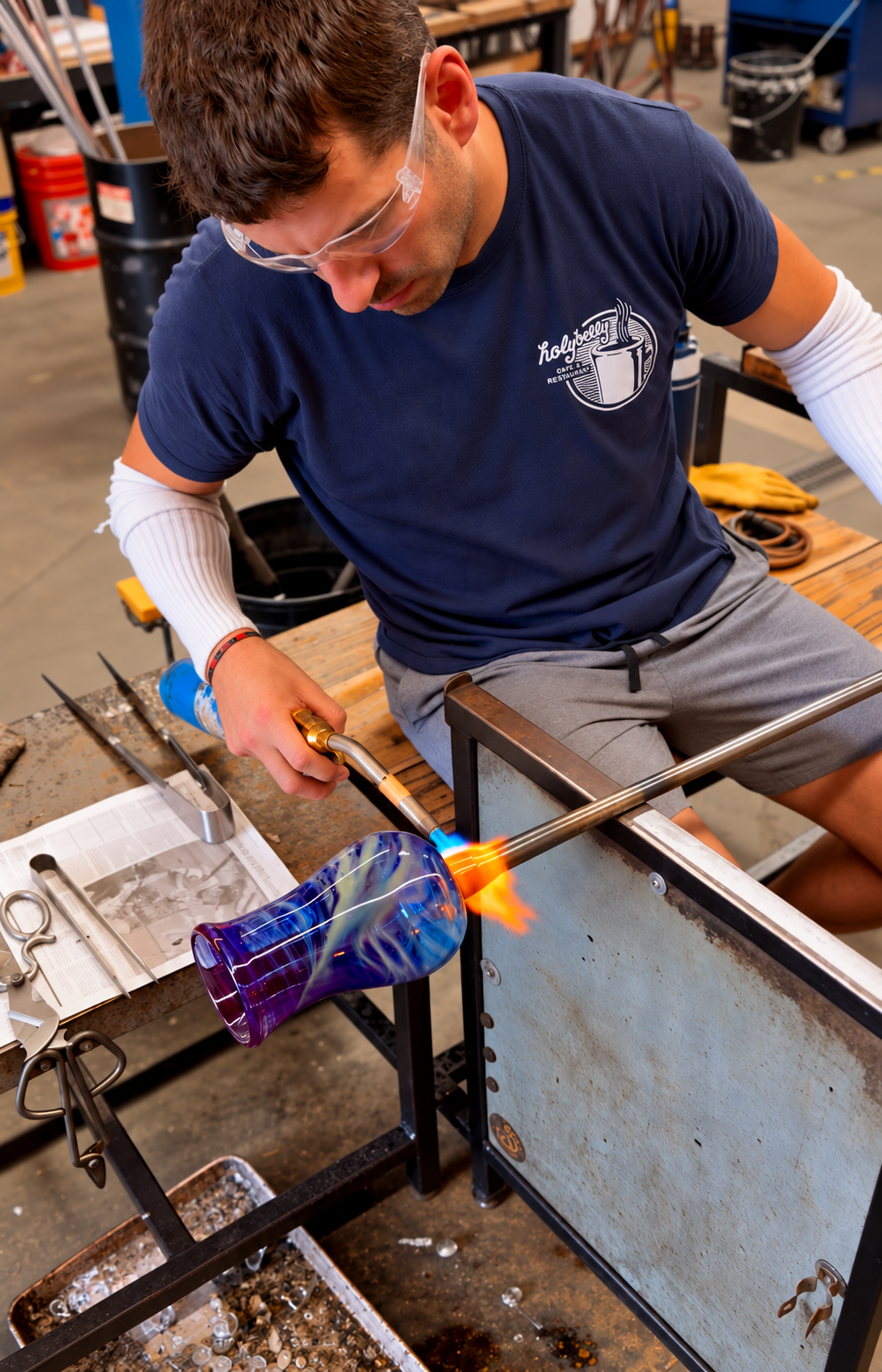 Zach Glassman working molten glass in the studio