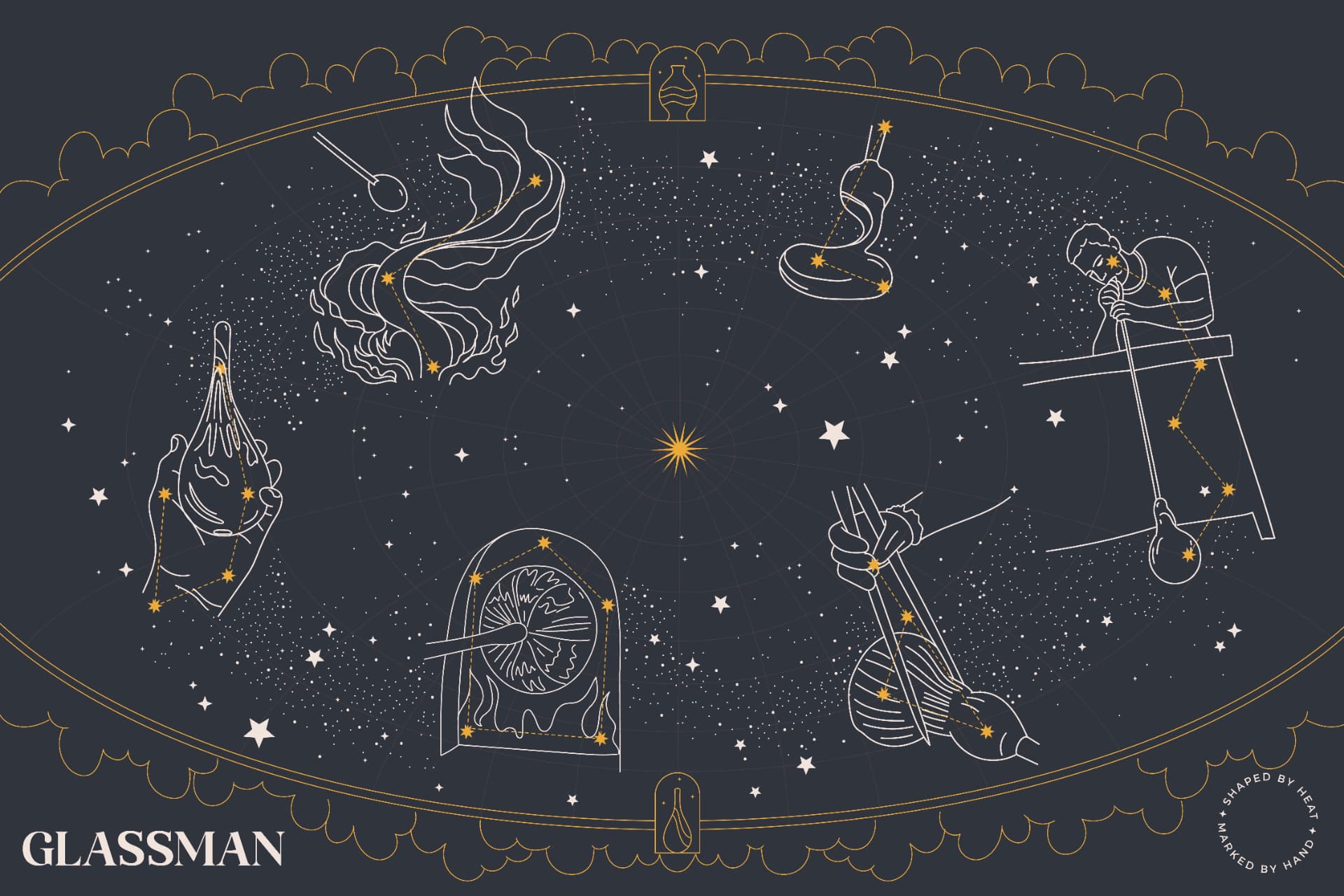 GLASSMAN wrapping paper with celestial glassmaking illustrations